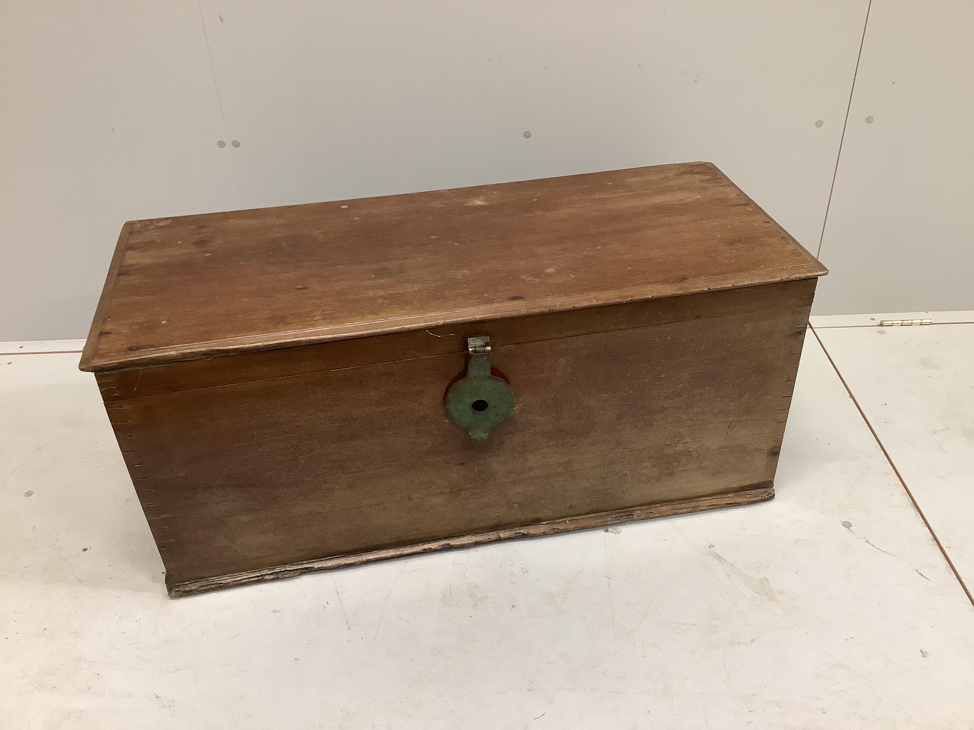 A 19th century rectangular mahogany trunk, width 104cm, depth 43cm, height 46cm